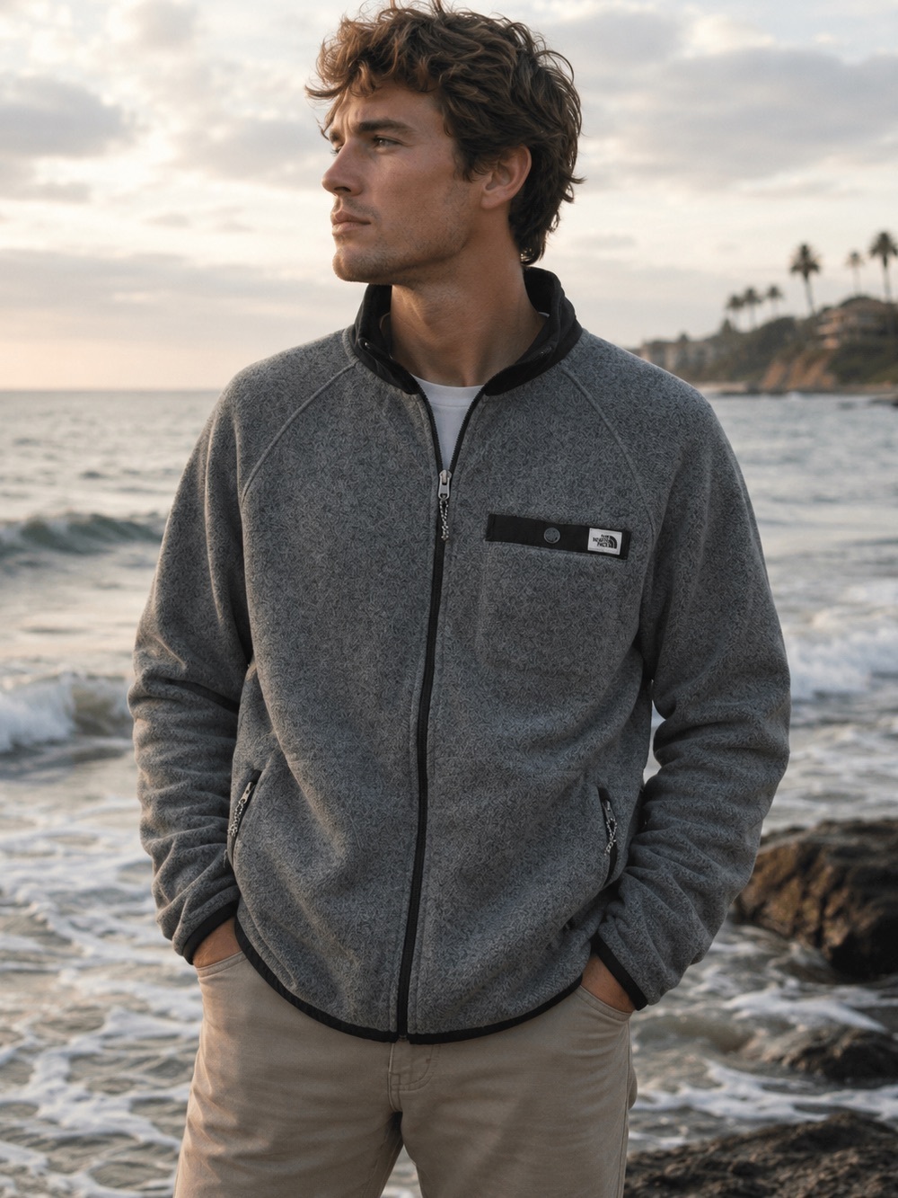 The North Face L men’s zip front fleece jacket grey w/ charcoal great pre owned